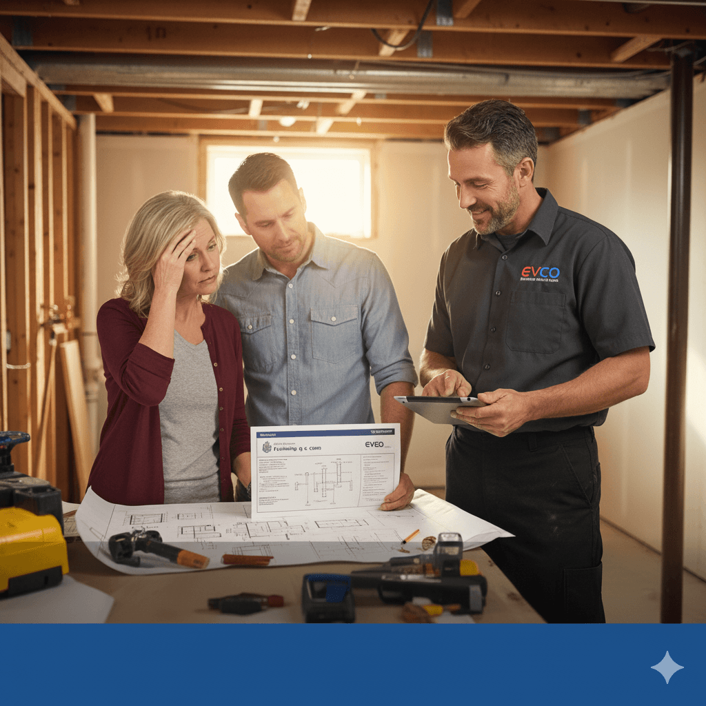 Image of a homeowner looking stressed amidst renovation plans, juxtaposed with a plumbing permit document and a friendly, confident plumber pointing to a diagram.